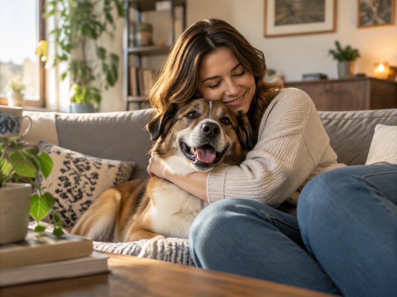 Tutora abraçando o seu cão calmo no sofá