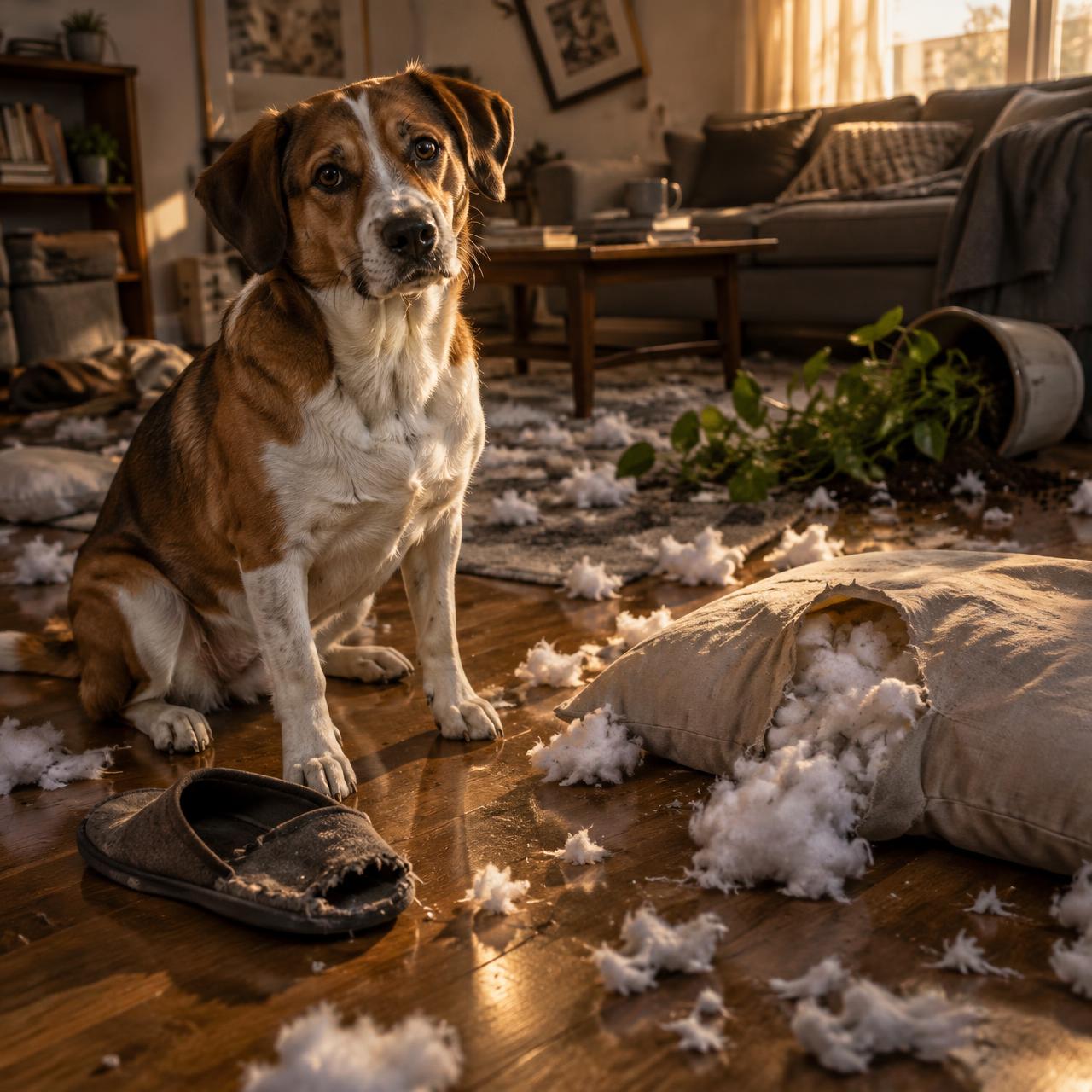Cão numa sala desarrumada com almofada destruída
